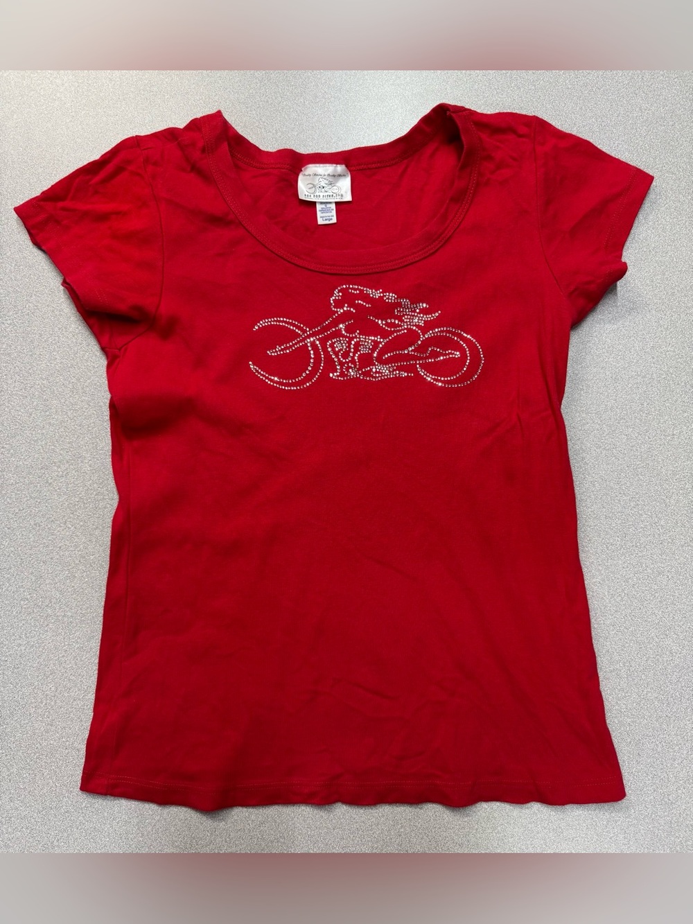 One Bad B OBB Rhinestone Biker Girl Cap Sleeve T-shirt Red Y2K Embellished Rock